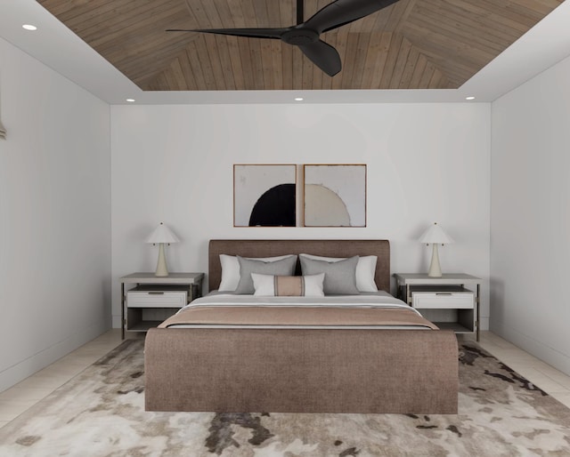 tiled bedroom featuring ceiling fan, lofted ceiling, and wood ceiling