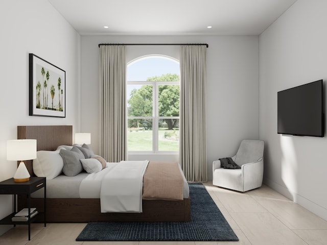 bedroom featuring light tile patterned flooring