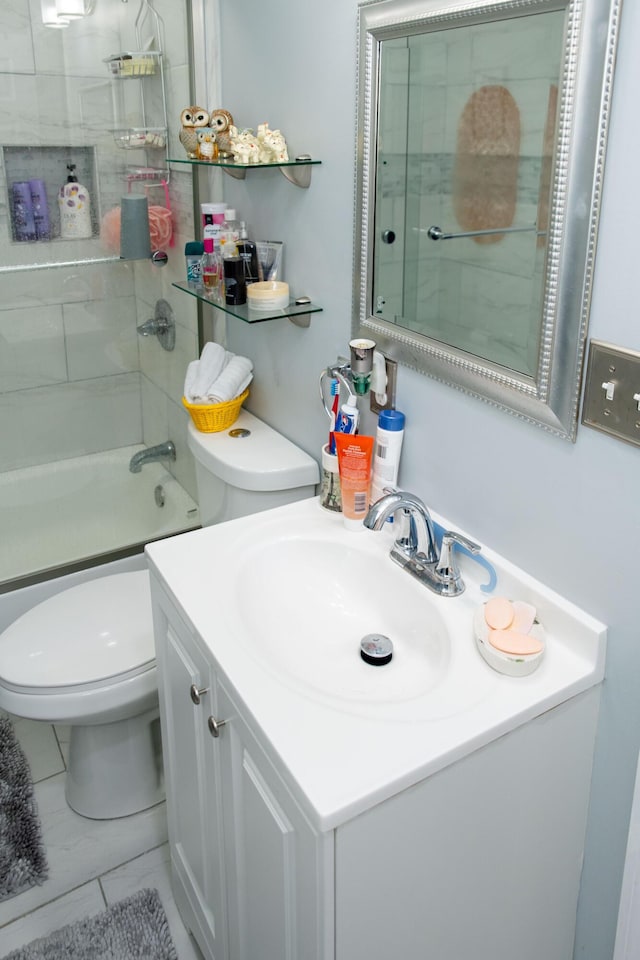 full bathroom with  shower combination, toilet, tile patterned floors, and vanity