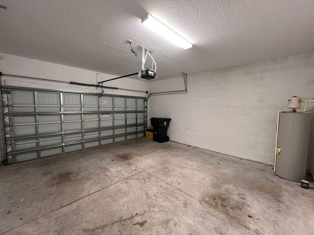 garage with a garage door opener and water heater