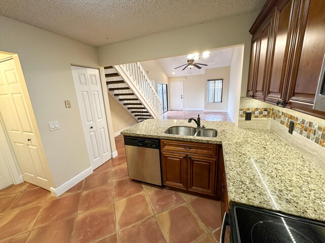 kitchen with sink, ceiling fan, stove, kitchen peninsula, and stainless steel dishwasher