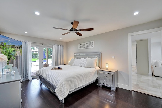 bedroom featuring ceiling fan, dark hardwood / wood-style flooring, access to exterior, and french doors