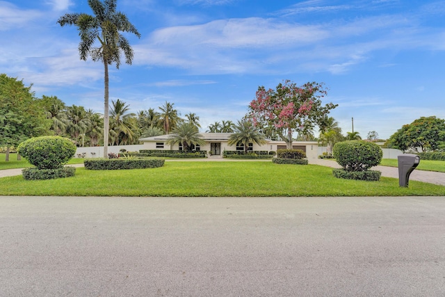 single story home with a front lawn