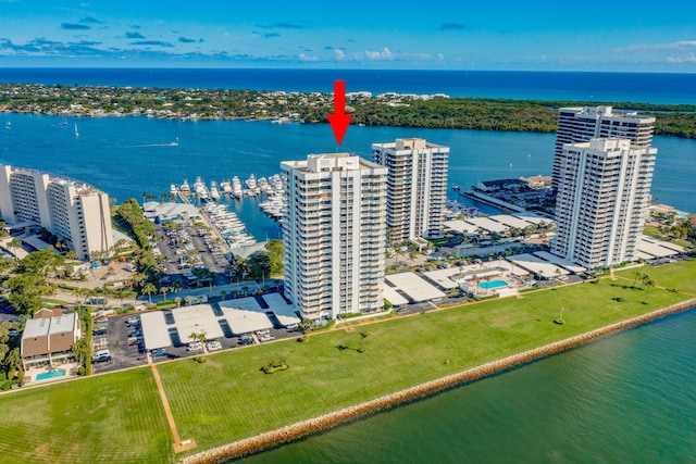 drone / aerial view featuring a water view