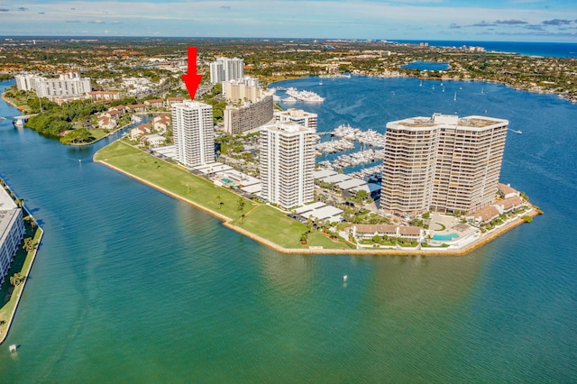 birds eye view of property featuring a water view