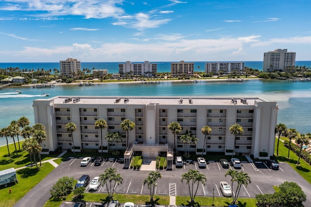 bird's eye view with a water view