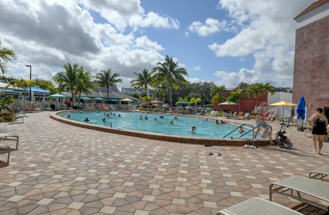 view of swimming pool featuring a patio area