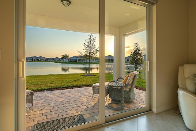 entryway with a water view