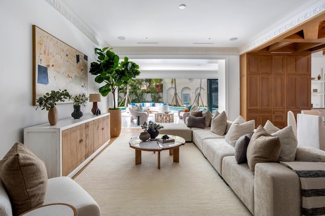 living room featuring crown molding