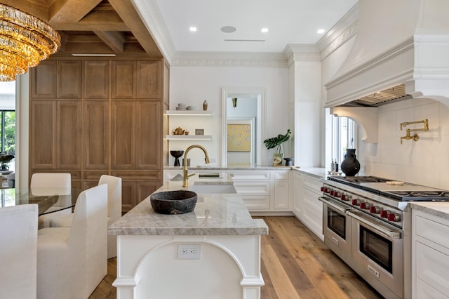 kitchen with a wealth of natural light, double oven range, premium range hood, and a sink