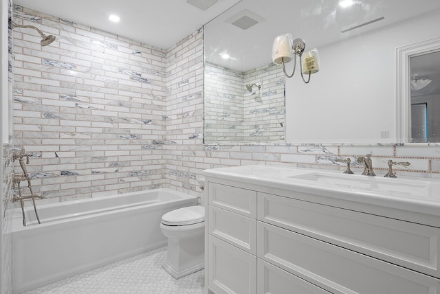 bathroom with washtub / shower combination, vanity, toilet, and tile walls