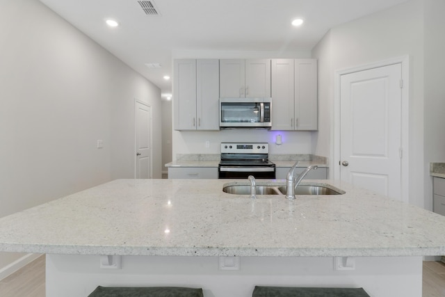 kitchen with light stone countertops, appliances with stainless steel finishes, light wood-type flooring, sink, and an island with sink