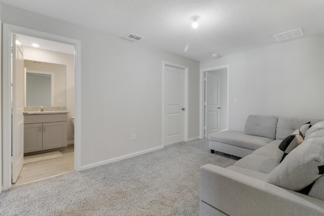 carpeted living room with a textured ceiling and sink