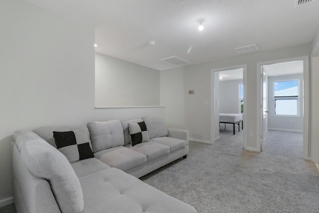 living room featuring light carpet and a textured ceiling