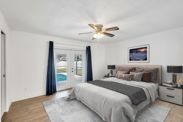 bedroom with ceiling fan, light hardwood / wood-style floors, access to exterior, and french doors