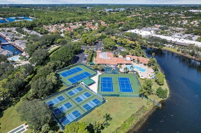 bird's eye view with a water view