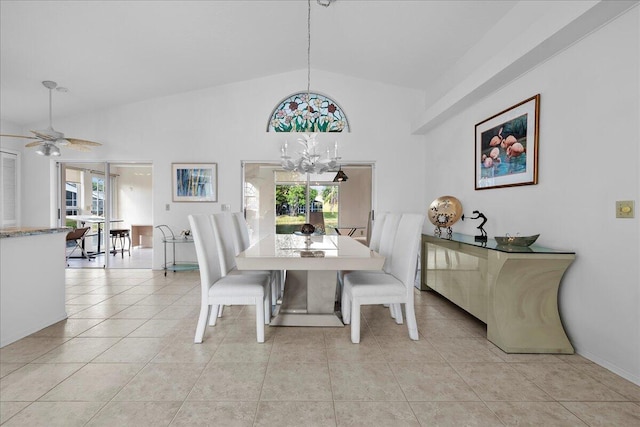 tiled dining area with ceiling fan with notable chandelier and vaulted ceiling