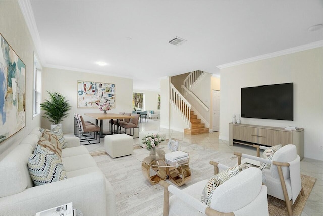 living room with light tile patterned flooring and ornamental molding