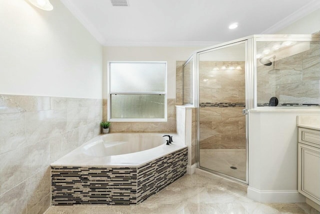 bathroom featuring separate shower and tub, crown molding, and vanity