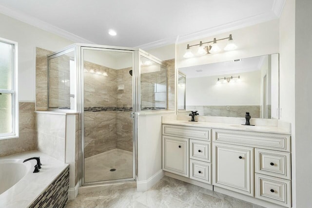 bathroom with vanity, separate shower and tub, and crown molding