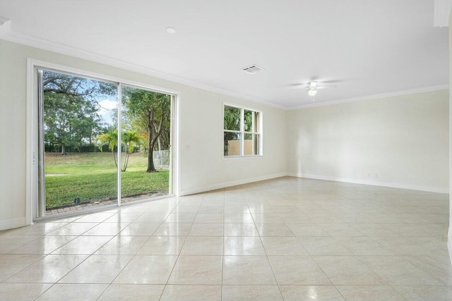 unfurnished room featuring crown molding, ceiling fan, and light tile patterned floors