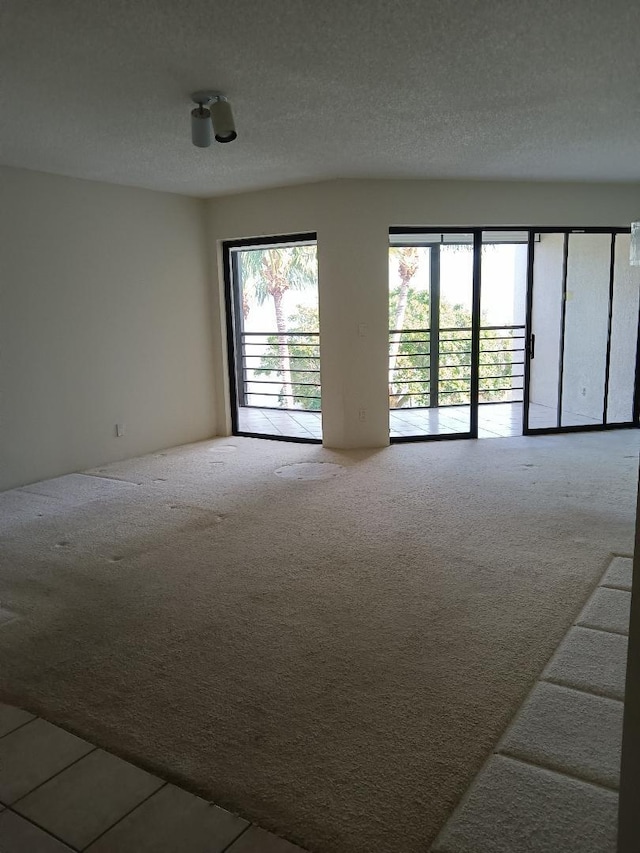 empty room with a textured ceiling and carpet flooring