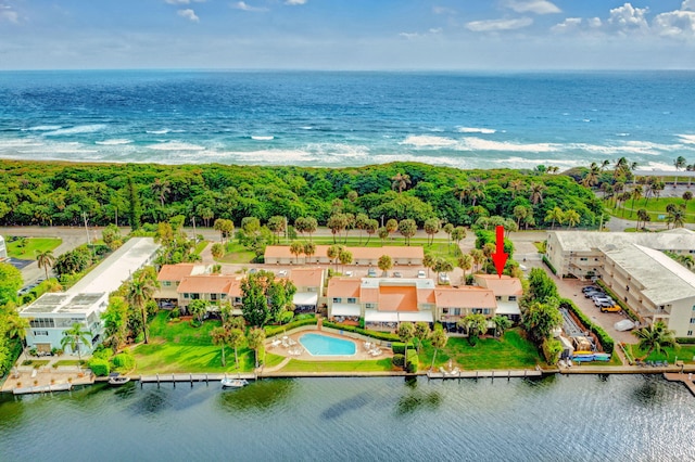 drone / aerial view featuring a water view