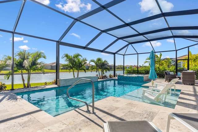 view of swimming pool featuring a lanai, a patio area, an in ground hot tub, and a water view