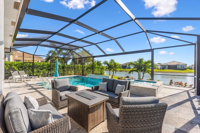 view of patio / terrace featuring pool water feature, a water view, glass enclosure, and an outdoor living space with a fire pit