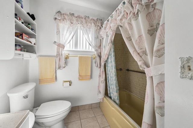 bathroom with tile patterned floors, toilet, and shower / bathtub combination with curtain