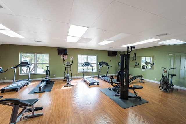 workout area with a paneled ceiling, a wealth of natural light, and hardwood / wood-style floors