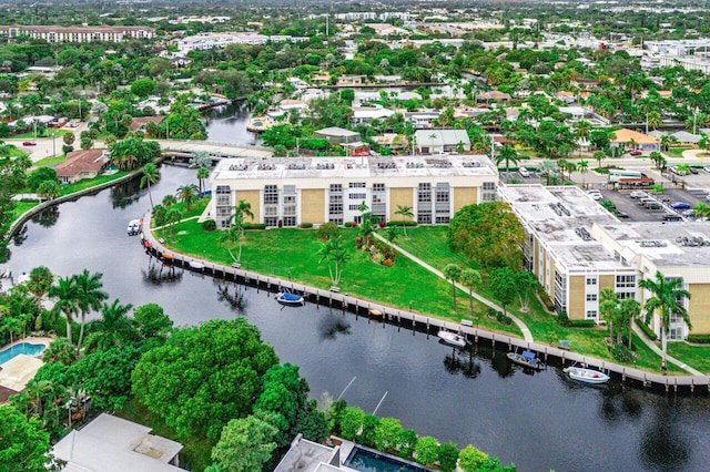 bird's eye view with a water view