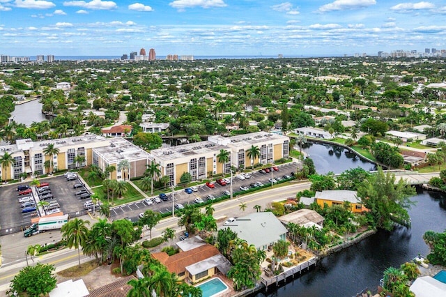 bird's eye view with a water view