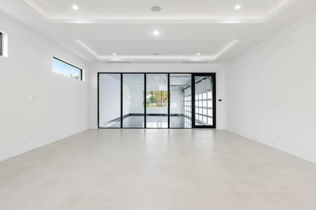 unfurnished room featuring a raised ceiling and a healthy amount of sunlight