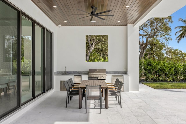 view of patio / terrace featuring an outdoor kitchen, a grill, sink, and ceiling fan