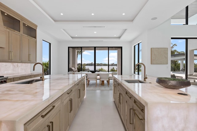 kitchen featuring a large island with sink, a raised ceiling, and sink