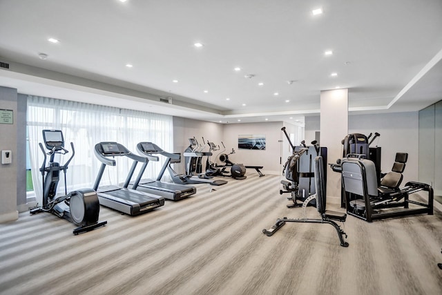 exercise room featuring a tray ceiling and light hardwood / wood-style flooring