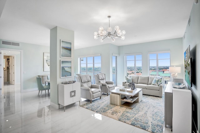 living room with an inviting chandelier