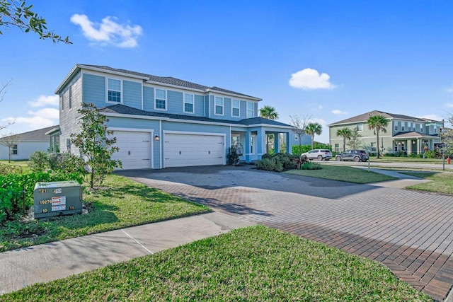 view of front of property featuring a front lawn and a garage