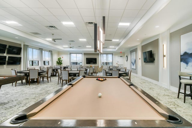 rec room with ceiling fan, a drop ceiling, and pool table