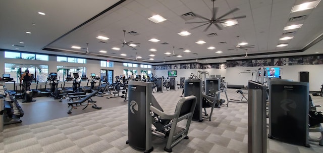 exercise room with a raised ceiling