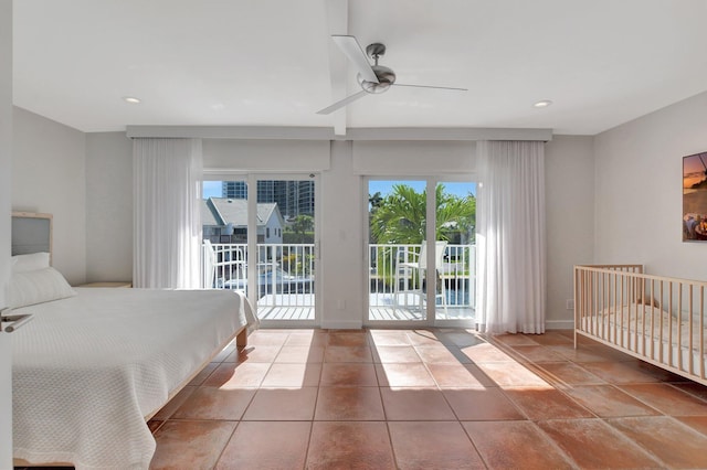 tiled bedroom featuring access to exterior and ceiling fan