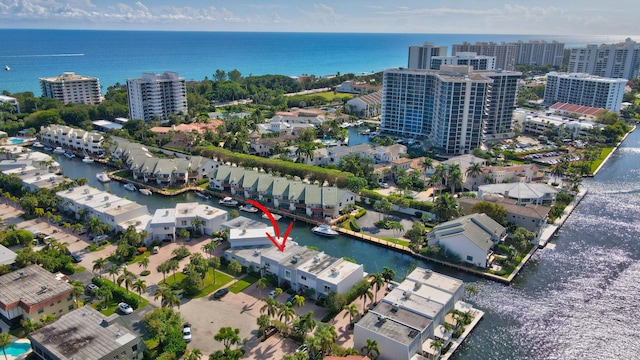 drone / aerial view featuring a water view