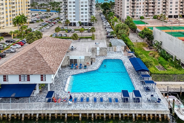 bird's eye view with a water view