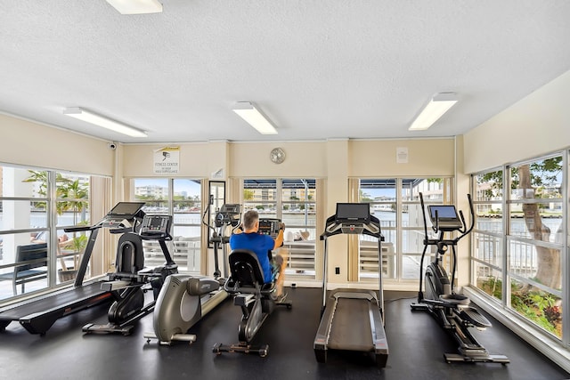 gym featuring a textured ceiling and a healthy amount of sunlight