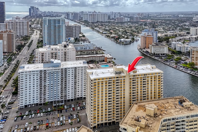 drone / aerial view featuring a water view