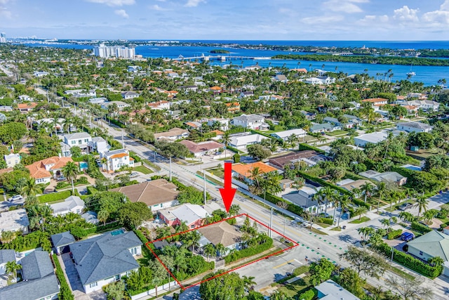 drone / aerial view featuring a water view