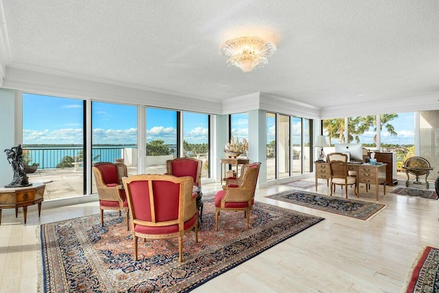 sunroom / solarium featuring a water view, a wealth of natural light, and an inviting chandelier