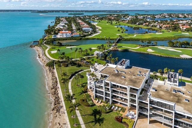 bird's eye view with a view of the beach and a water view