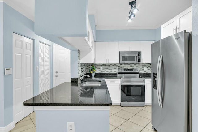 kitchen featuring white cabinets, appliances with stainless steel finishes, dark stone countertops, sink, and backsplash